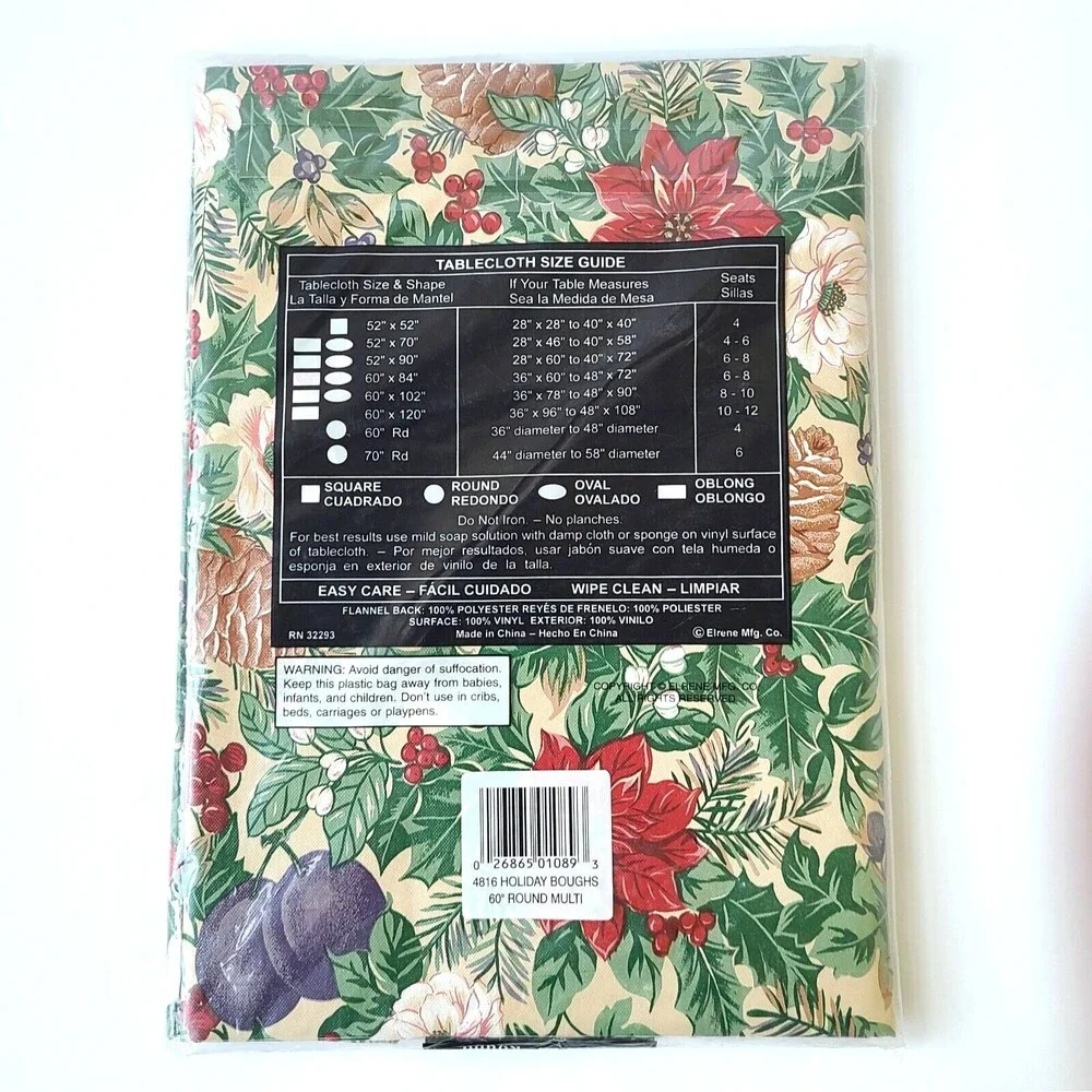 Vintage Elrene Christmas Tablecloth Holiday Print Vinyl Flannel Back 60
